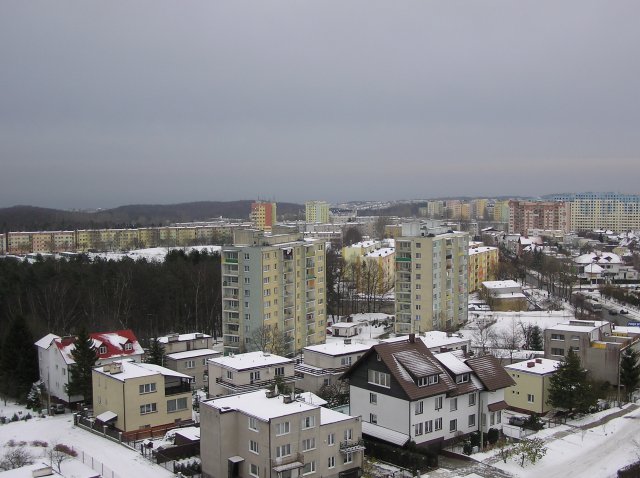 Panorama Witomina i okolic zimą z dachu budynku Chwarznieńska 136/138