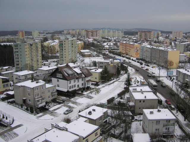 Panorama Witomina i okolic zimą z dachu budynku Chwarznieńska 136/138
